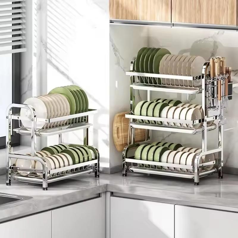 Multi-functional 3-Tier Dish Rack Kitchen Supplies Storage Rack Draining Rack with Chopsticks/Knives/Cutting Board Holder