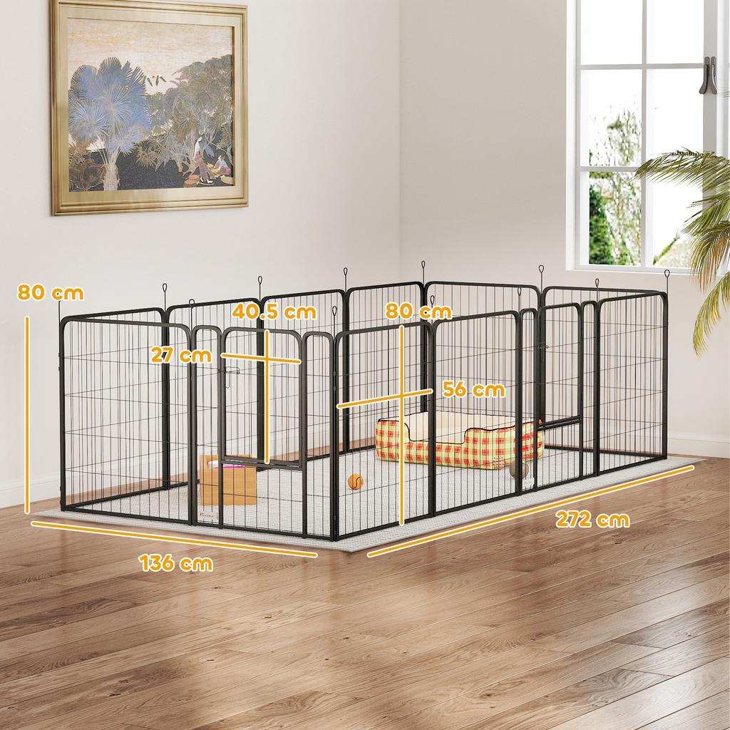 12-Panel Modular Dog Playpen, 68x1.5x80cm, Black Steel, with Entrance Door