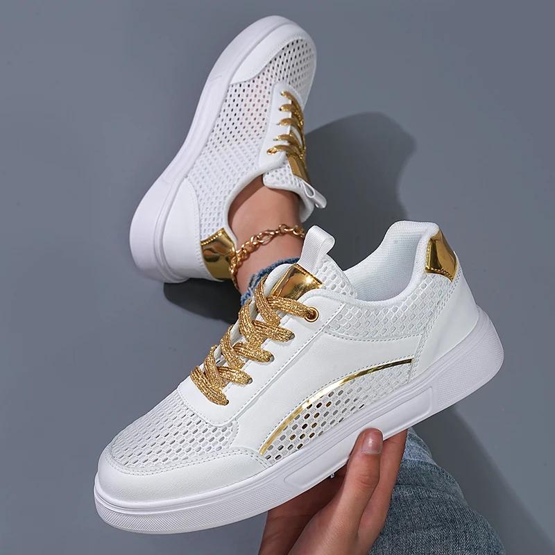 Neue Damen Frühling Sommer Flache Schuhe Sneaker Netz Atmungsaktiv Schnürung Tennis Lässig Leicht Hohl Feminino Weiß Komfortschuhe