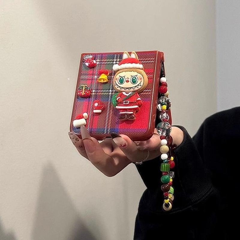 

Рождественский милый чехол-книжка для телефона Samsung Z Flip 6 ZFlip5 OPPO Find N2 Flip N3 Flip/Xiaom Mix Flip Case Красная клетчатая кожаная обложка For Motorola Razr 50 Ultra