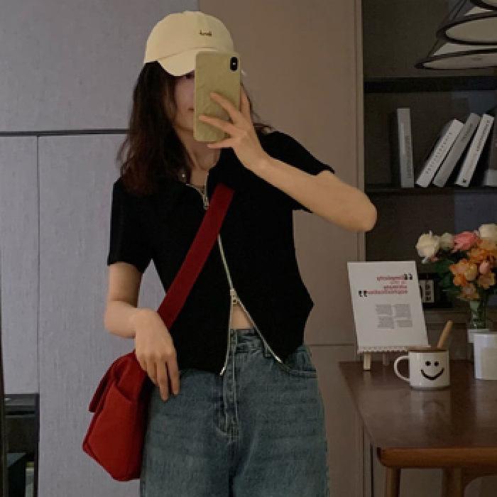 

Футболка с короткими рукавами и воротником-поло для женщин, летний дизайн, двойная молния, короткий пупок, универсальный студенческий топ XL чёрный