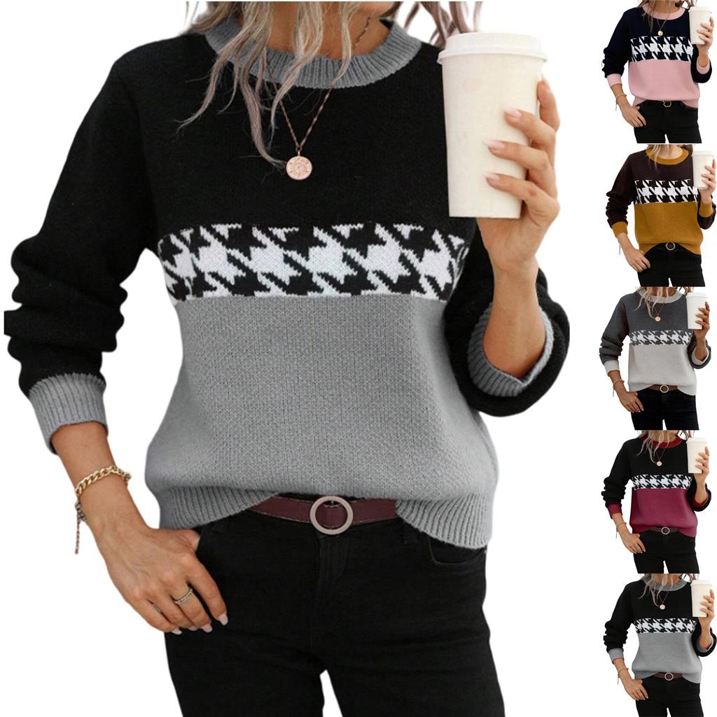 Women's Casual Round Neck Colorblock Pullover Sweater Geometric Long Sleeve Contrast Color Top