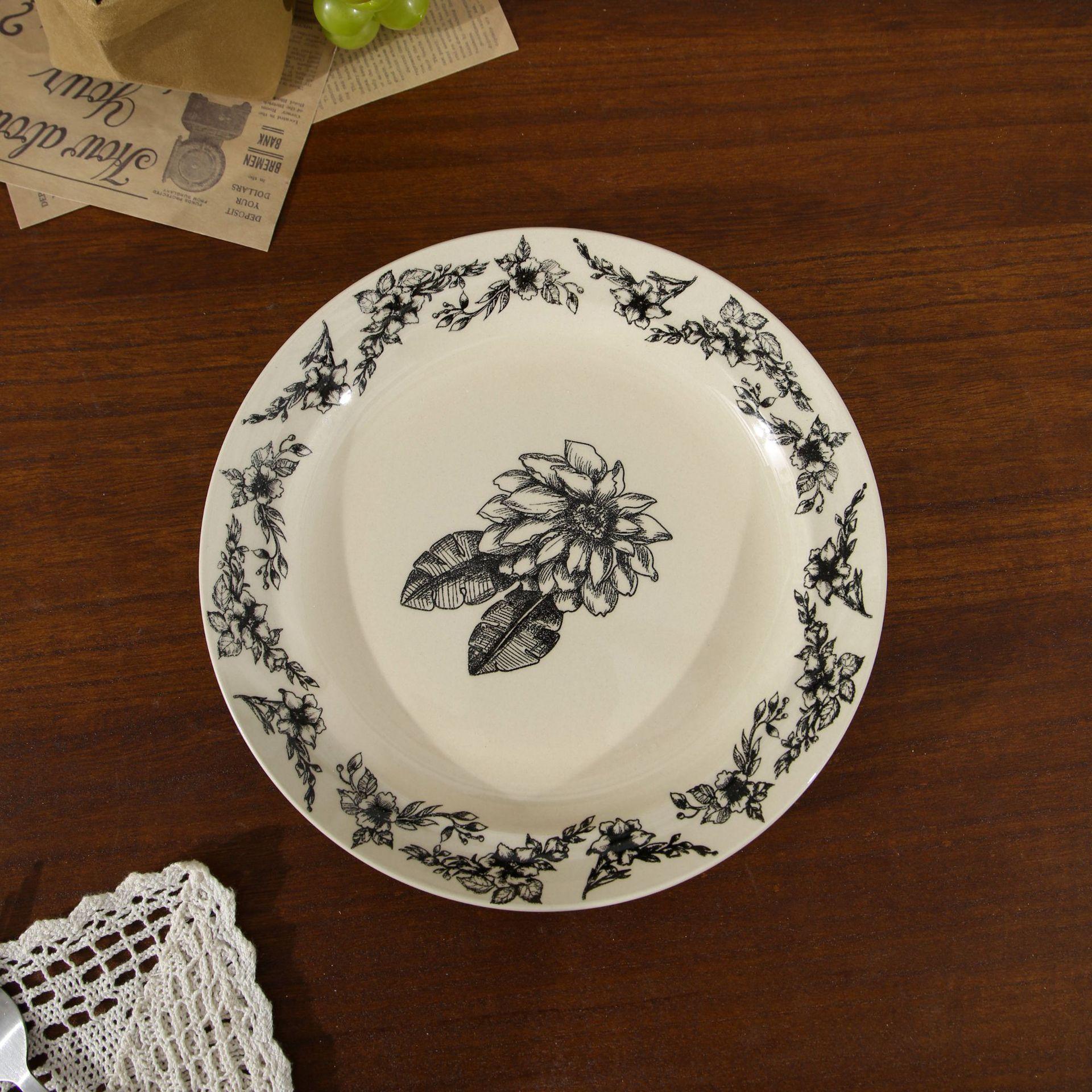 Chinese Floral Ceramic Plate Handmade Underglaze Tableware Elegant Dinner Plate for Western Food