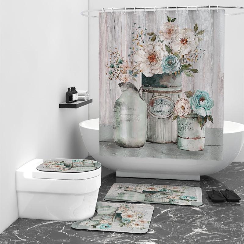 Wooden board flower digital printing shower curtain bathroom shielding waterproof