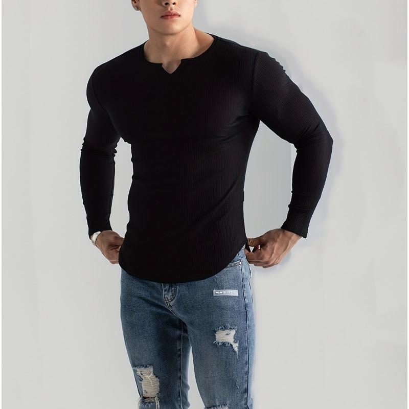 Men's New Spring Fall Slim Fit Vertical Striped V-Neck T-Shirt, Fashion Casual Sports Long Sleeve Tops