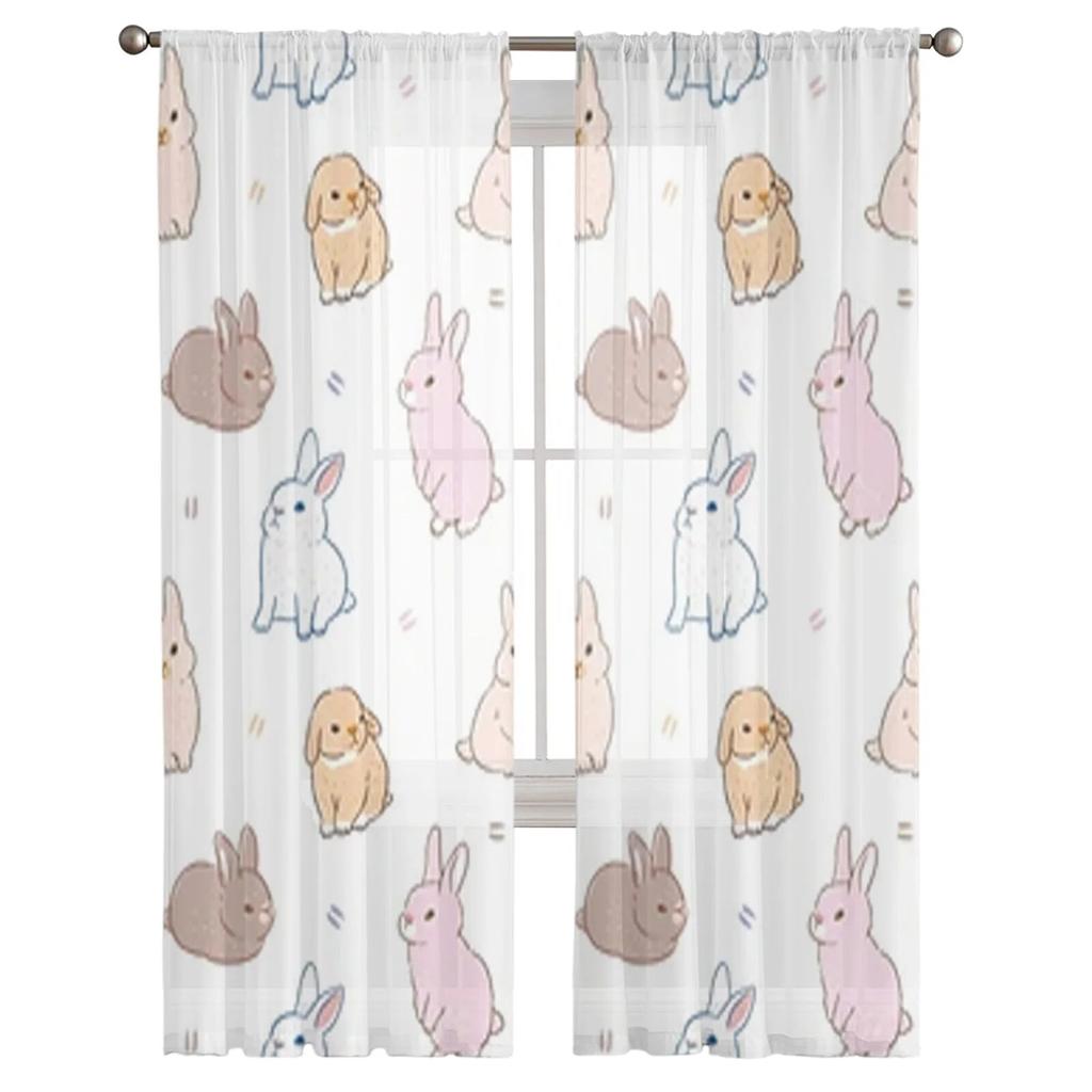 Handgezeichnete Kaninchen-Vorhänge, Schlafzimmer-Voile-Vorhang, Wohnzimmer-Fenster, durchsichtige Vorhänge, Küche, Tüll-Vorhänge