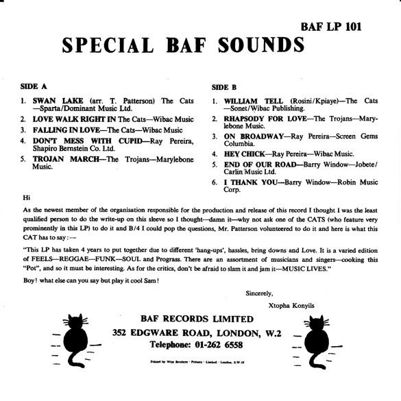 LP Record VARIOUS - Special BAF Sounds - Volume 1 BAFLP101 BAF 1971 UK Reggae, Ska & Dub Used