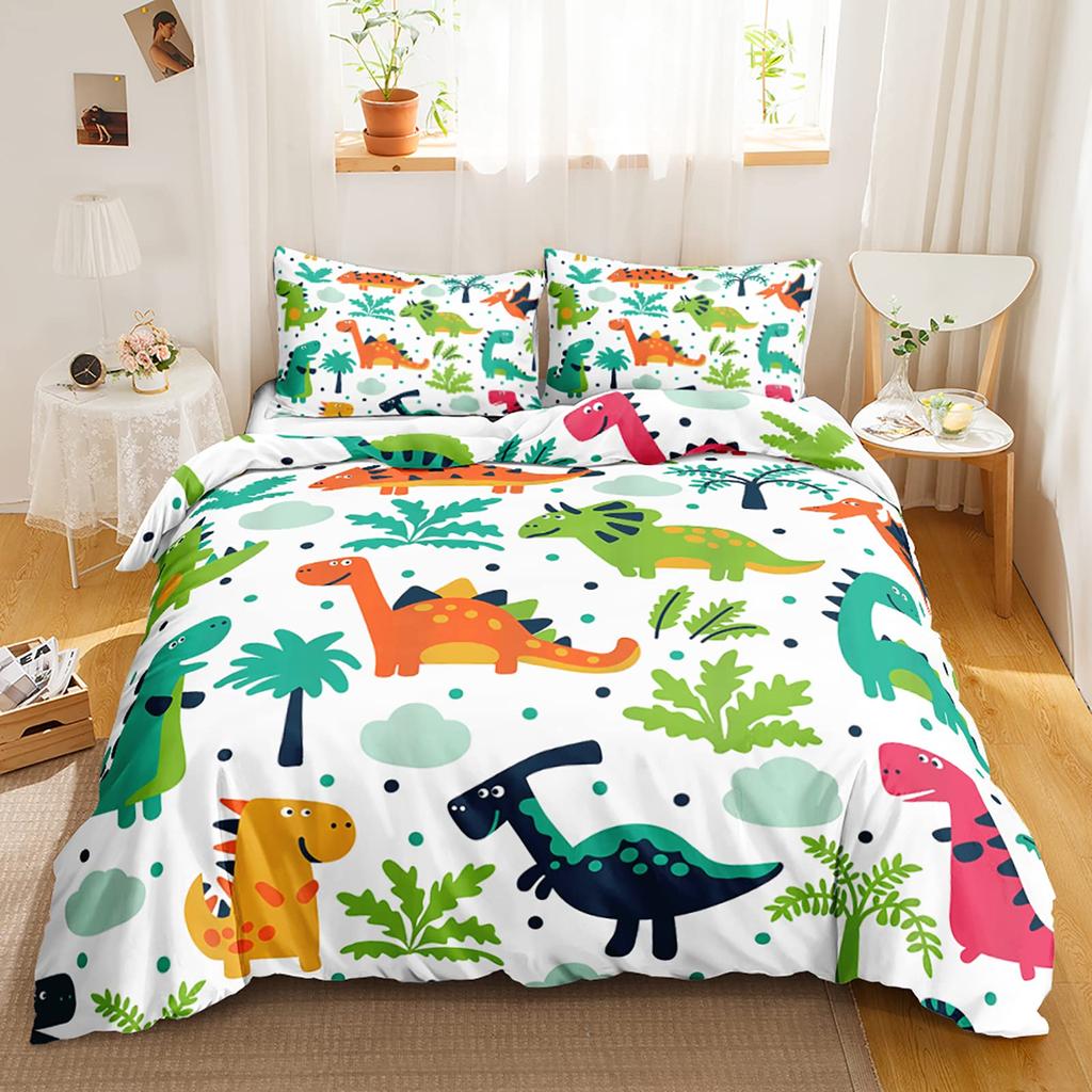 Sada povlaků na peřinu s dinosaury Pro děti Batolata Kreslená dino sada povlečení Roztomilý vzor s dinosaury Polyesterový povlak na přikrývku Velikost King