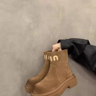 Versión de piel de vaca con suela gruesa Botas tipo Martin para mujer, nuevas botas retro de otoño e invierno color ruibarbo, para aumentar altura y estilizar