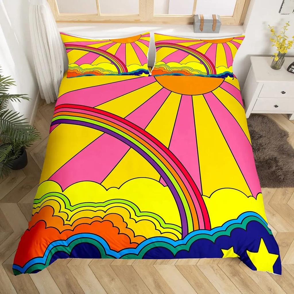 Hippie Flower Duvet Cover Set Boho Mandala Bedding Set Microfiber Groovy Flowers Comforter Cover King for Girls Women Room Decor