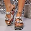 Women's Plus Size Summer Platform Chunky Sole Color Block Rhinestone Double Buckle Cork One Strap Slide Sandals
