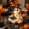 Regali Autunnali Unici Statuetta Fantasma Patchwork Vintage, Statua Carina da Lettura Illuminata a LED, Statua di Halloween Decorazione Spettrale in Resina per Tavolino Scaffale
