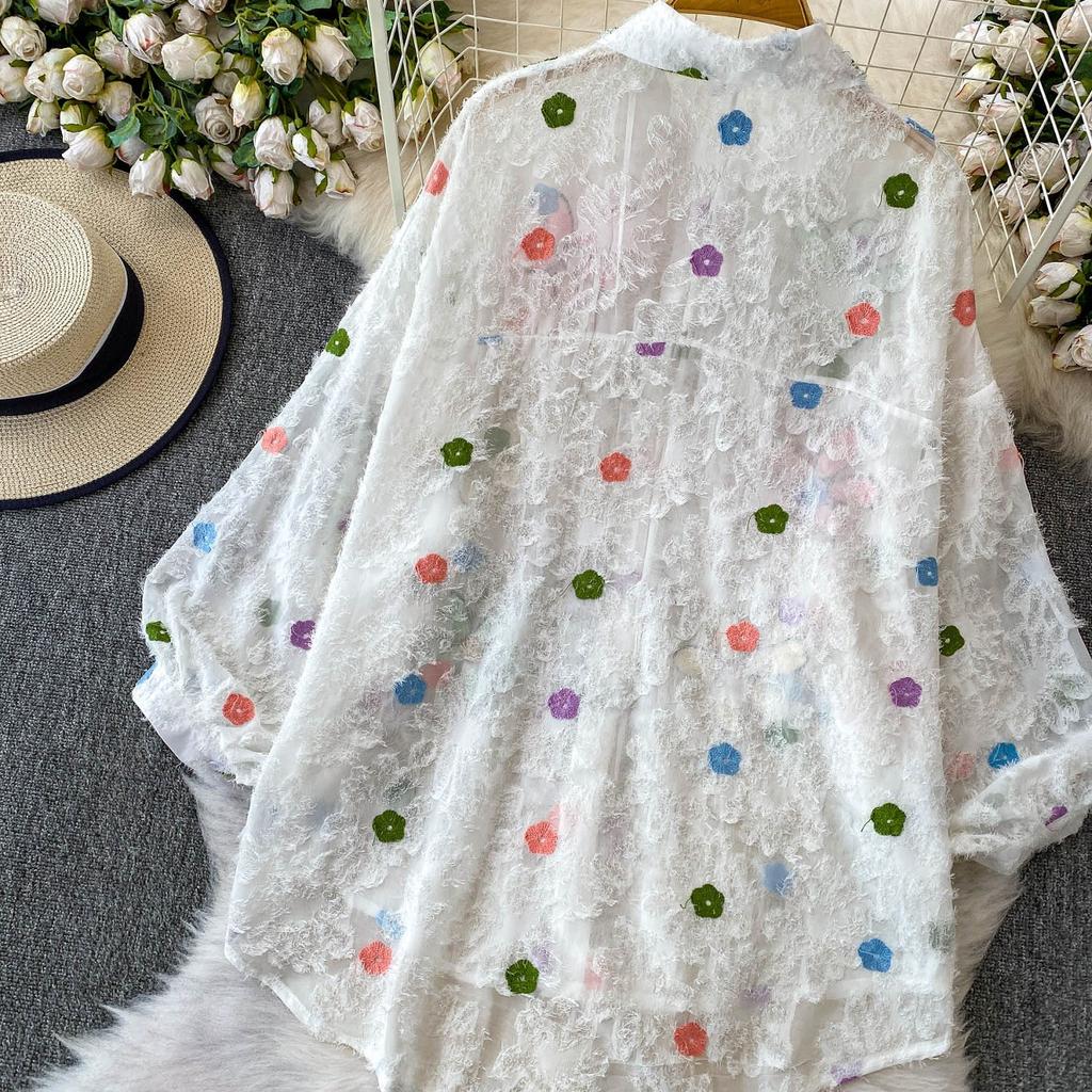 Premium Heavy Industry Diamond Sequined Flower Lapel Lantern Sleeve Shirt Women's Summer Sweet Age-reducing Loose Fringed Top