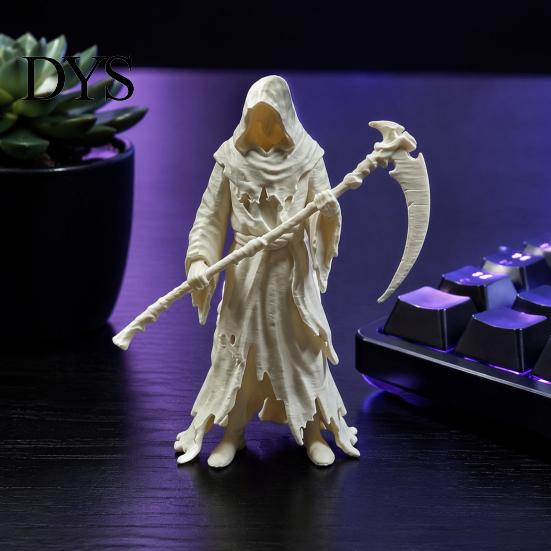 Dark Style Ornament Gothic Grim Reaper Figurine, 3D Printed Hooded Statue with Figurine Sickle, Spooky Robe Decoration for Halloween Indoor