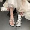 Silver rhinestone toe slippers women's outer wear 2025 new summer skirt low-heeled evening breeze French sandals