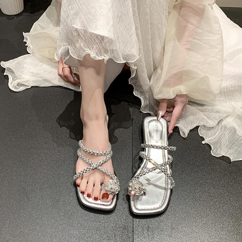 Silver rhinestone toe slippers women's outer wear 2025 new summer skirt low-heeled evening breeze French sandals