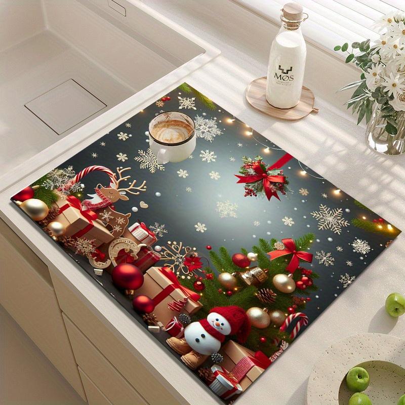 1Pcs Rubber Drying Mat With Christmas Style Print For Coffee Shop Restaurant Kitchen Carpet Tableware Durable Diatom Mud Table Mat Pet Mat Coffeeware