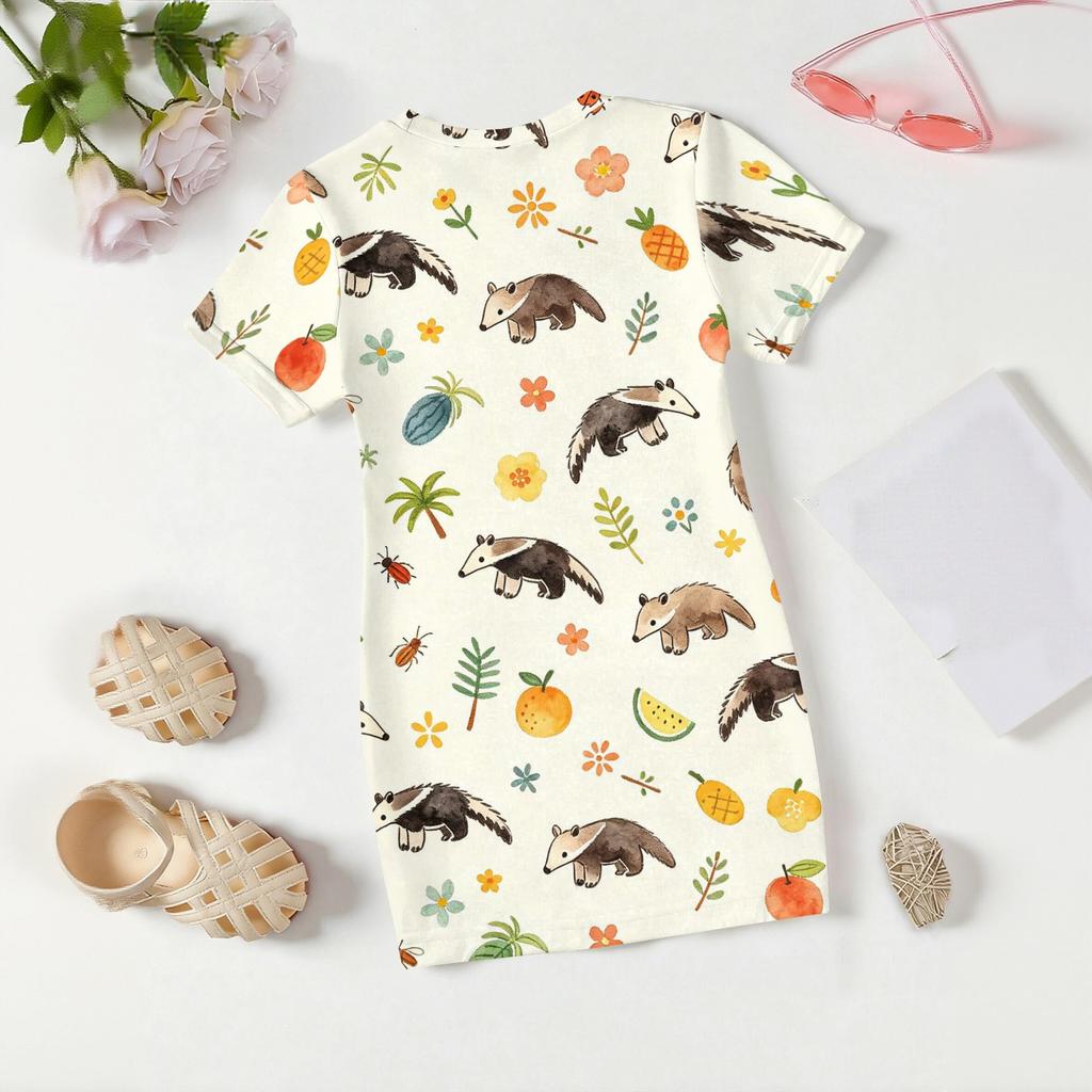 Girls Loose Fit Short Sleeve Dress Lightweight Cotton Animal Print Round Neck Kids Casual Summer Dress for Children