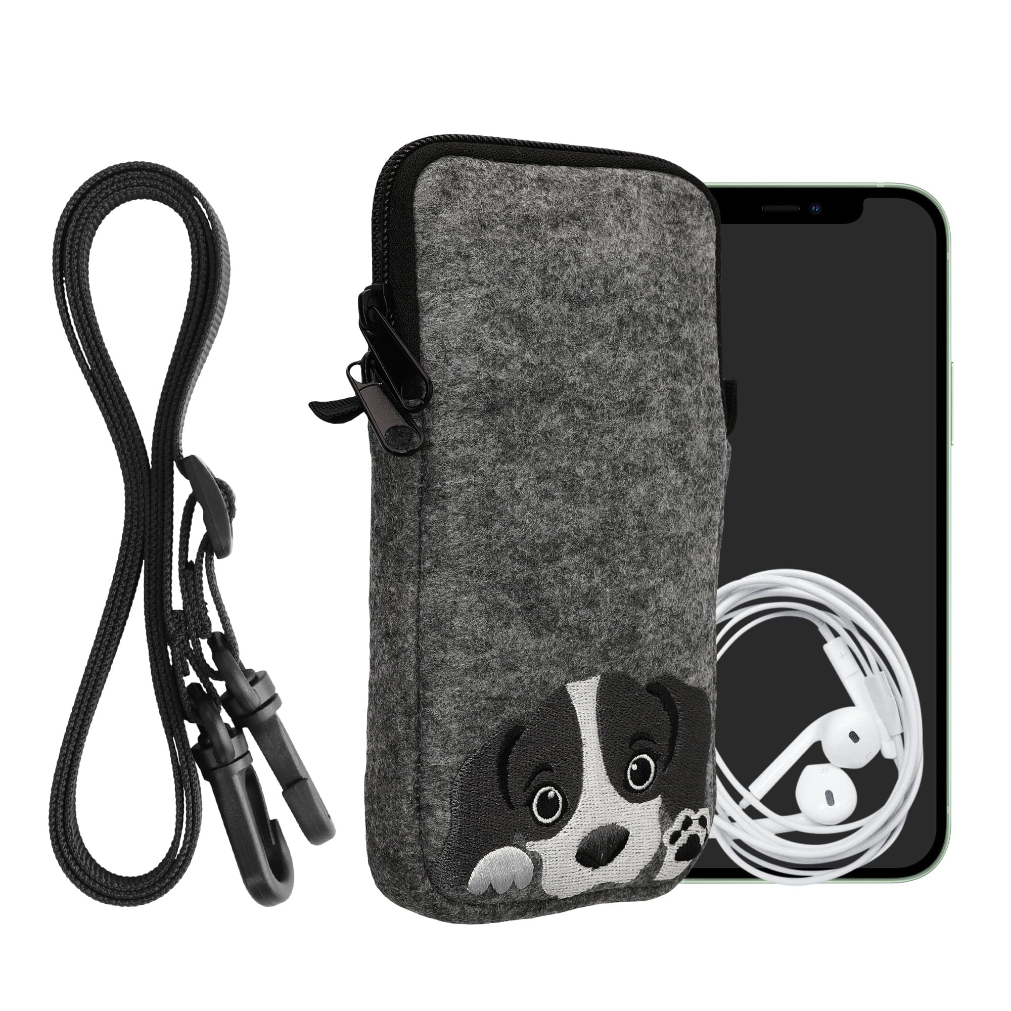 

kwmobile Smartphone Shoulder Bag XL Compatible with Smartphones Felt Neck Strap Protective Case with Curious Dog Design - 6.7/6.8 -