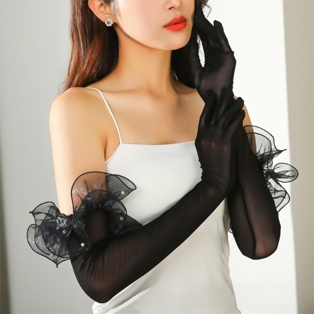Lace Pearl Etiquette Gloves Perspective Sunscreen Sleeves Fashion Long Gloves  Wedding Dress