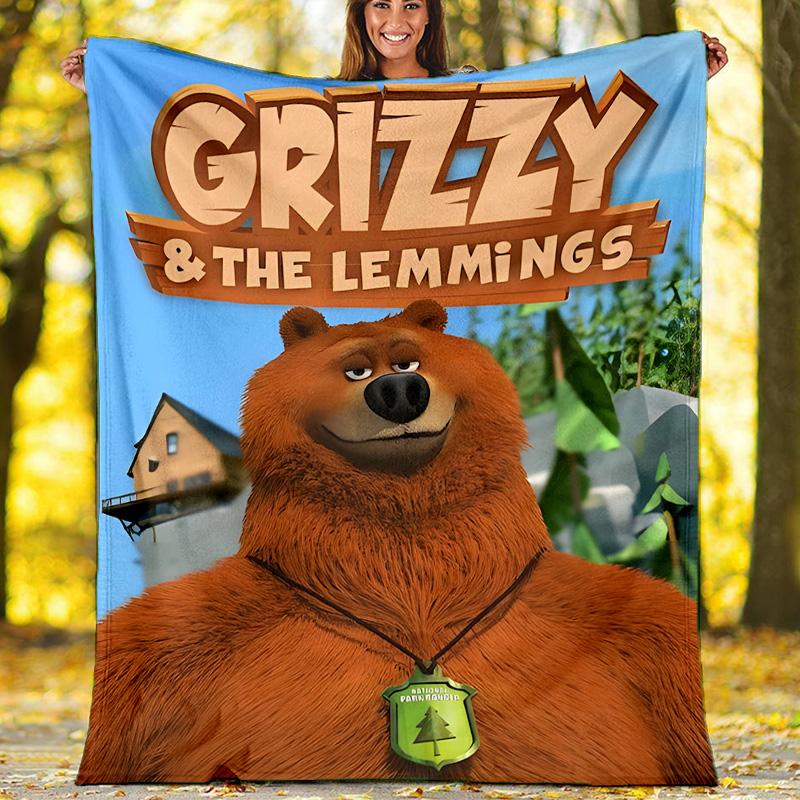 1 Stück Grizzy The Lemmings1 Thema Decke - Digitaldruck, Polyester, Gemütlich für alle Jahreszeiten, Perfekt für Draußen, Camping und Reisen
