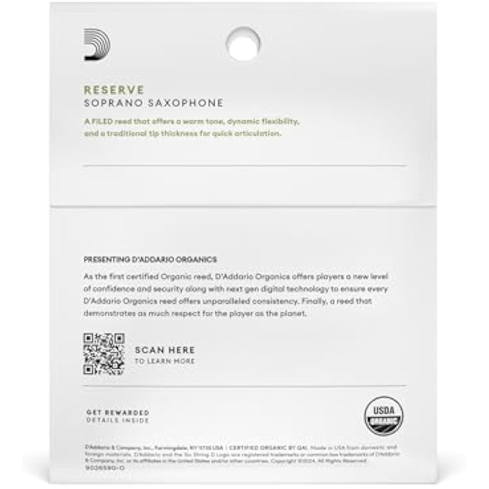 D'Addario WoodWinds Daddario Reed for Soprano Saxophones USDA Organic Certified RESERVE ODIR0330 ...
