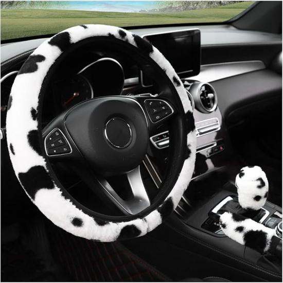 Cow Print Car Accessories Set, Soft Fluffy Plush Cute Cow Steering Wheel Cover & Handbrake Cover, Warm Furry Cow Print Armrest Mat & Shift Gear