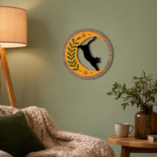 3D Cat Wall Decor 4Pcs Boho Decoration, Round Wooden Hangings, Animal Star Sun Moon Crescent Botanical Decor, Layered Wood Plaque for Living