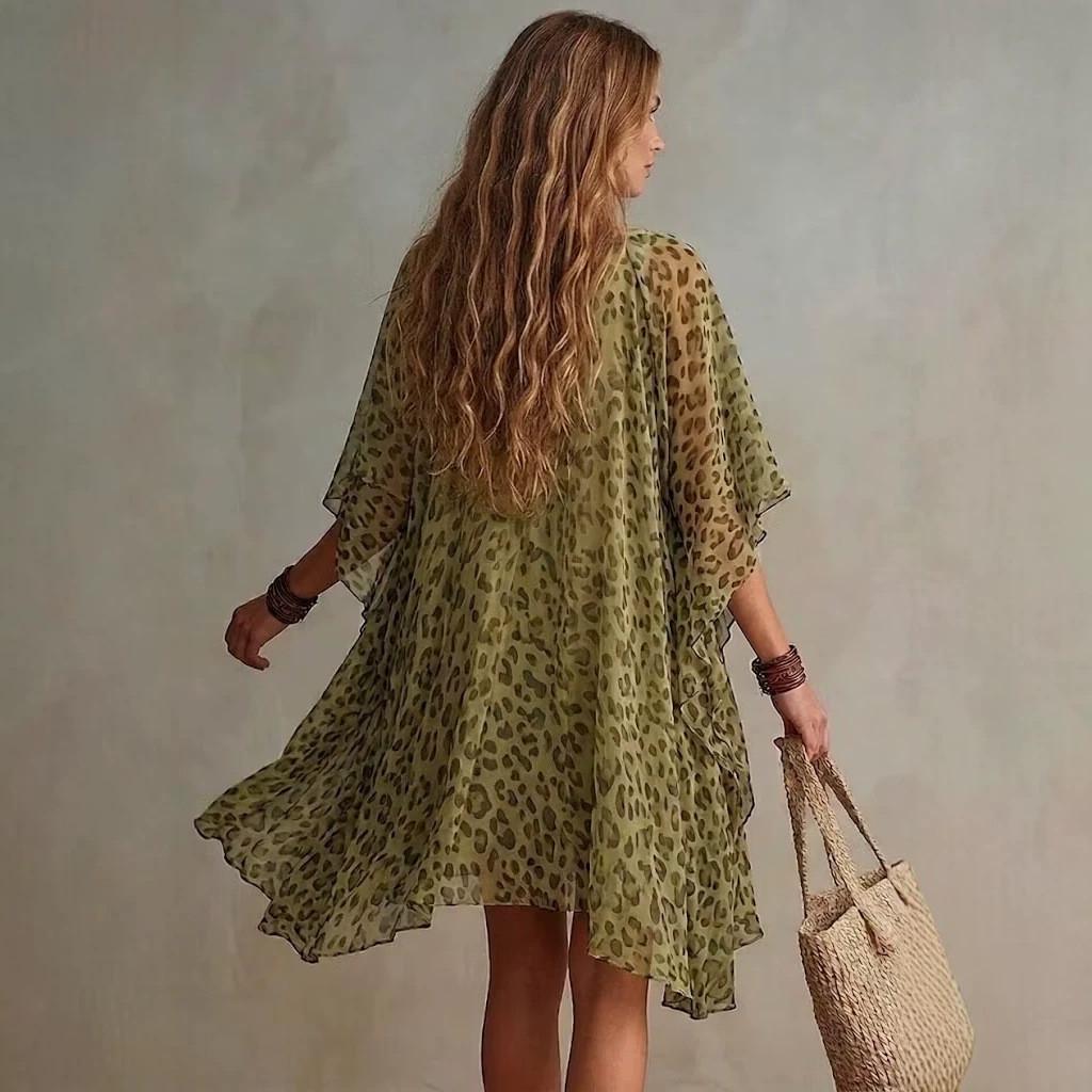 Leopard Print Summer Dress For Women With V Neck Chiffon Beach Coverup For Vacation