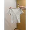 Women's Slim Fit Gray Lace Trim V-Neck Short Sleeve Top - Chic Korean Summer Style