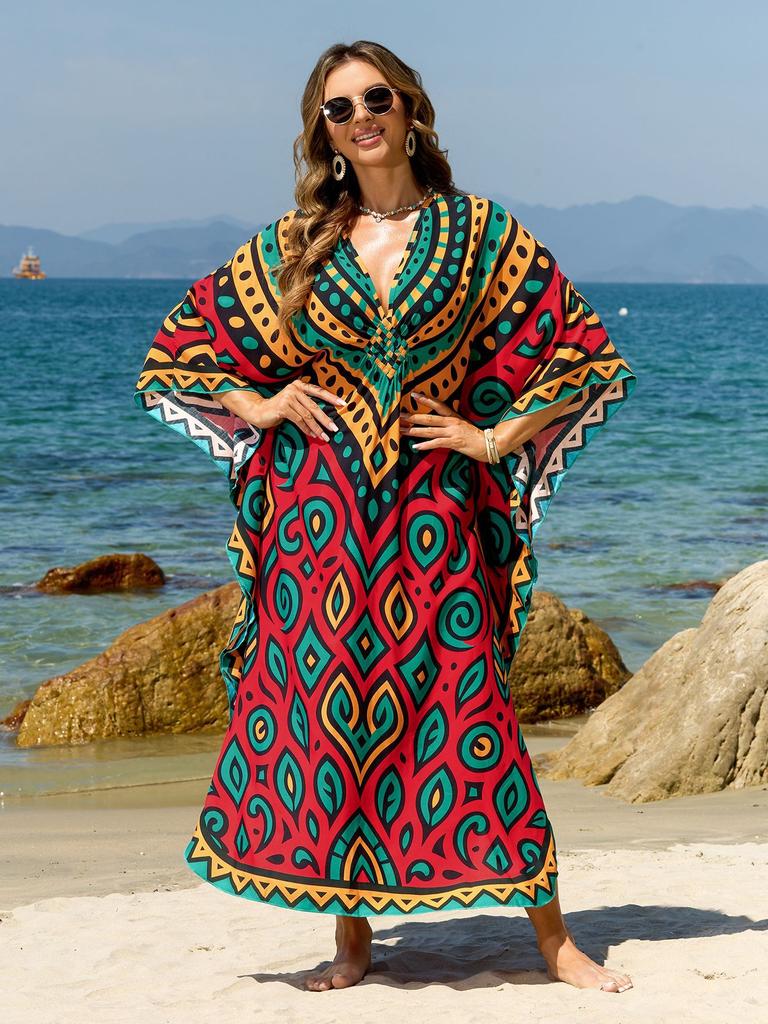 Beach Kaftans for Women Butterfly Printed Plus Size Cover Ups for Swimwear Maxi Dresses Summer Holiday Bathing Suits