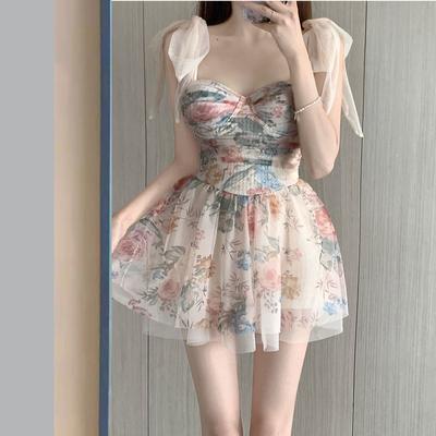 2025 Korea Chic New Swimsuit Women Floral Print Summer Beach Dress Sexy Girl One Piece Conservative Fairy Swimsuit