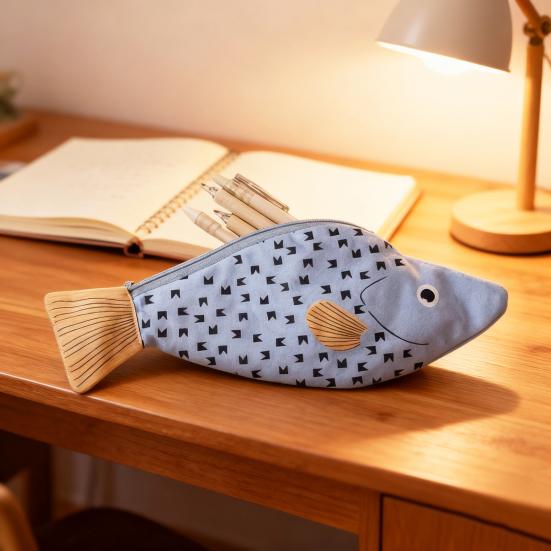 Pencil Bag Fish Shape Smooth Zipper Closure Pen Holder Large Capacity Thickened Canvas Stationery Organizer