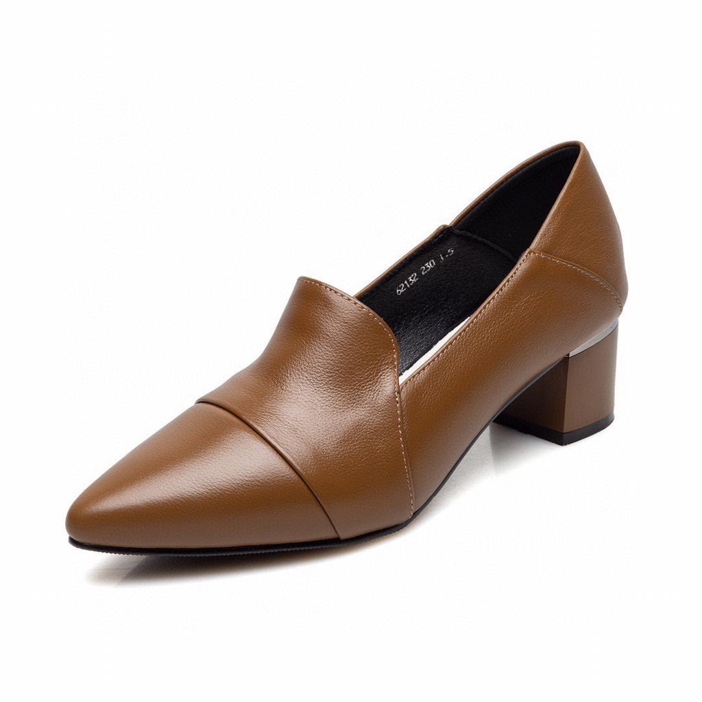 High heels women's spring new comfortable cowhide pointed thick heel medium heel work shoes one shoe two wear low-top shoes