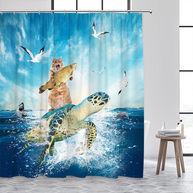 Funny Cat Riding Dinosaur Shower Curtain Cute Animal Surfboard Sea Waves Japanese Landscape Kids Bath Curtains Bathroom Decor
