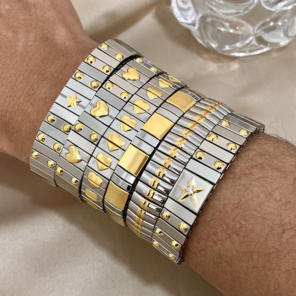 AENSOA Vintage Elastizität Edelstahl Armreifen Armband für Damen Klassisch Herz Quadrat Verstellbares Armband Wasserdichter Armreif