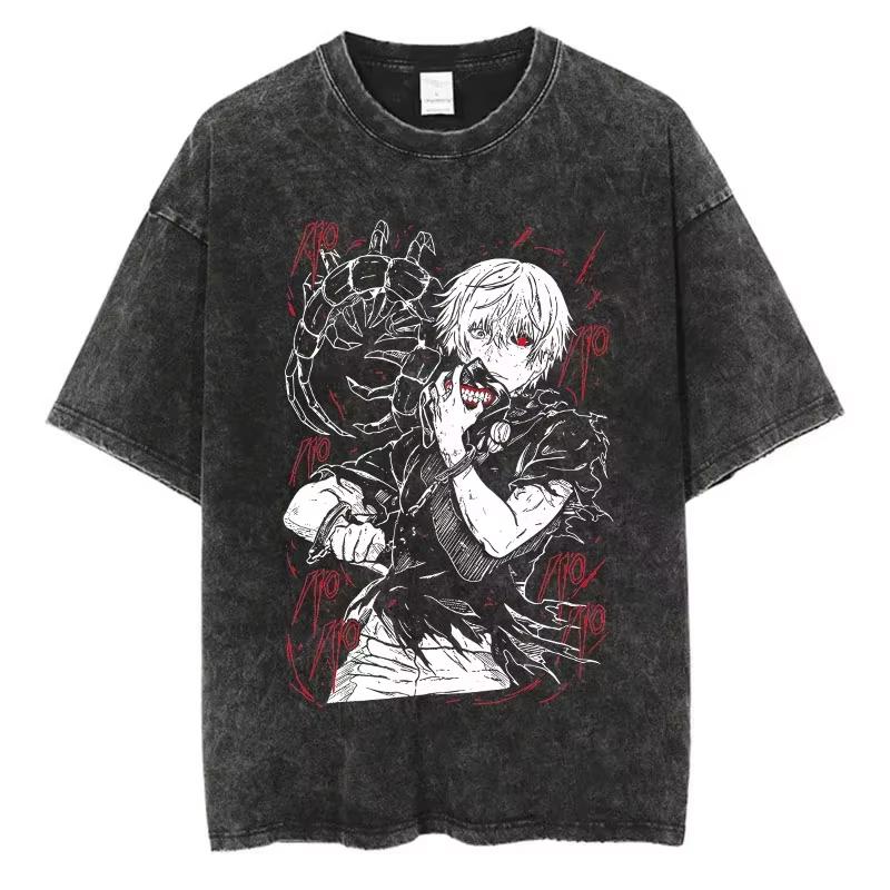 Unisex 2026 New Summer Loose Vintage Washed Tokyo Ghoul Anime Streetwear Graphic T-shirt