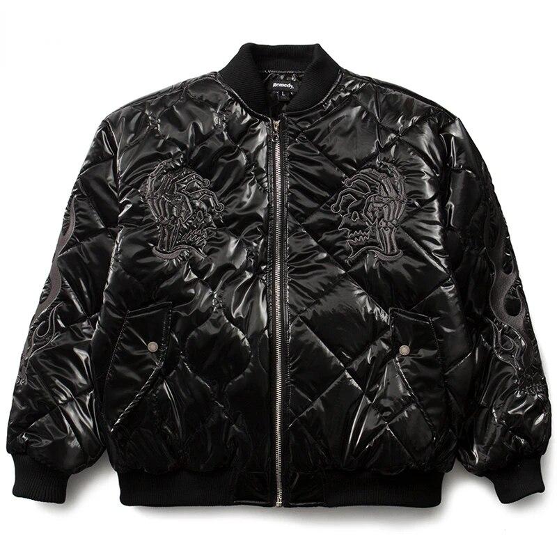 

Men Bright Leather Parka Dark Flame Skull Demon Embroidery Cotton Jacket Hip Hop Streetwear Harajuku Fashion Warm Gothic Coat