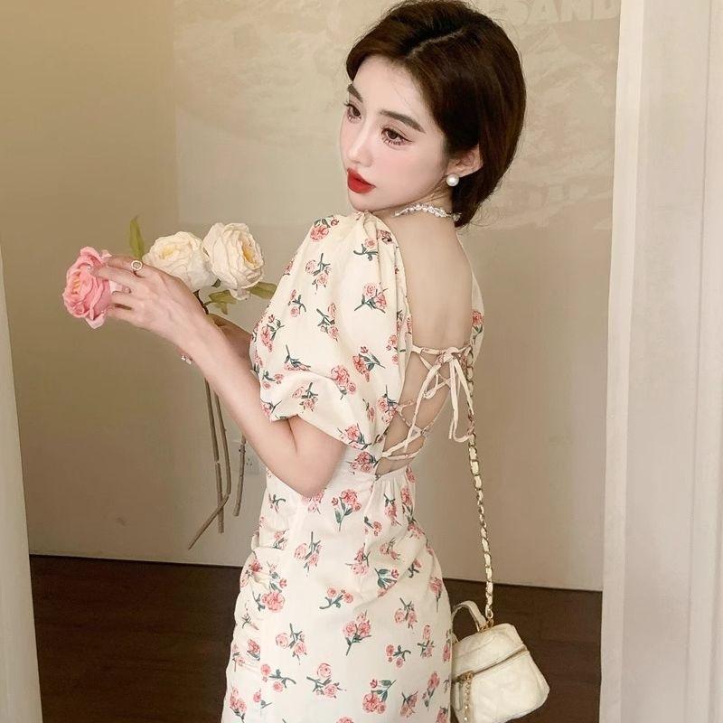 LC Internet celebrity gentle Mori vacation style dress summer year square neck bubble sleeve floral thin