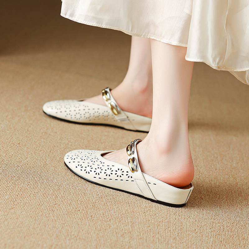 Krazing Pot Cow Skin Mules Round Toe Size 42 Low Heels Slip On Light Shoes Increased Hollow Style Autumn Pumps
