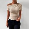 Women Summer T-shirt Skew Collar Short Sleeve Slim Fit Tee Shirt Solid Color Side Shirring Pullover Tops
