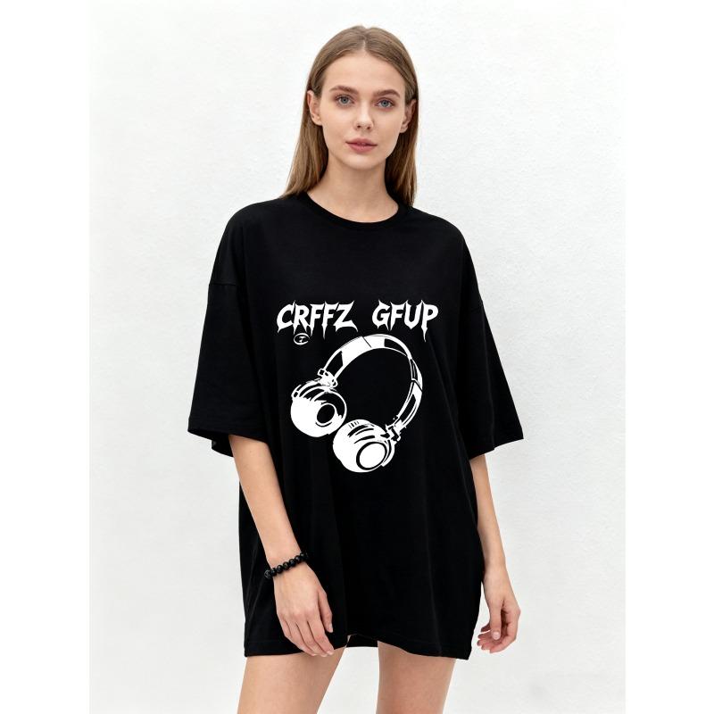

Oversized T Shirt Black CRFZ GFUP Headphones Graphic Print Casual Streetwear Fashion Top for Women and Men Music Lovers Daily Wear XXXXL чёрный