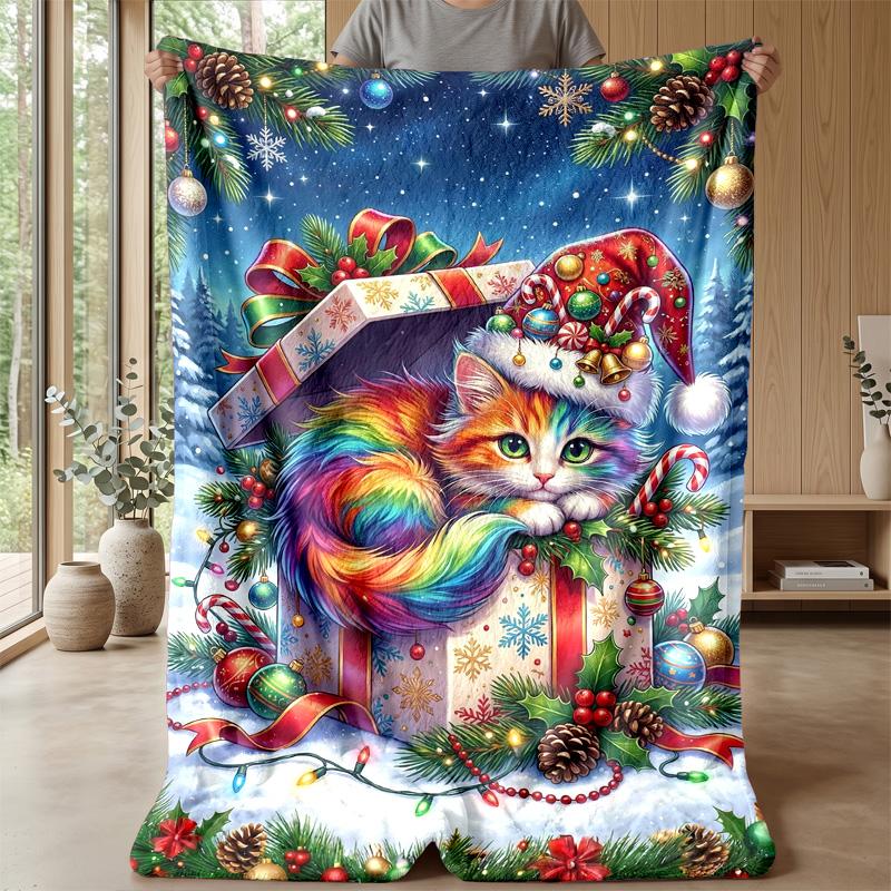 Rainbow Cat Christmas Theme blanket Lightweight Warm Flannel Blanket Decorative Throw Blanket for Home Decoration