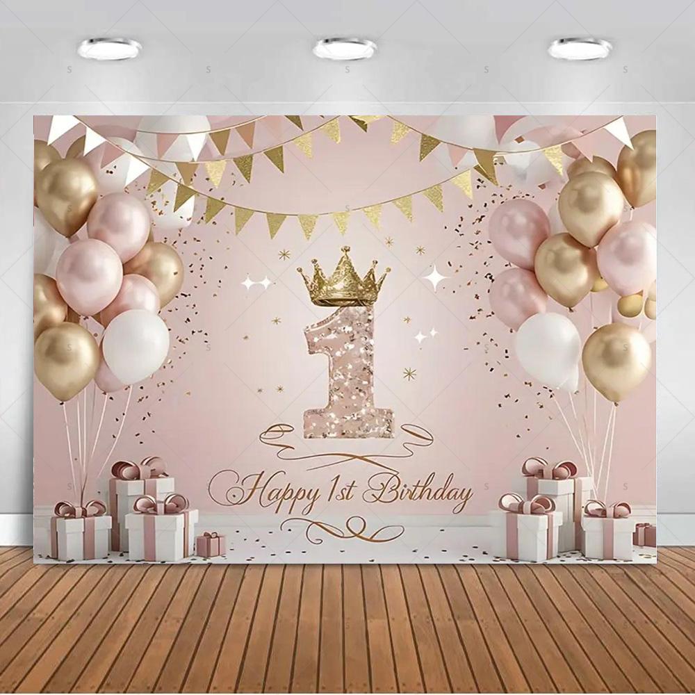 1. Geburtstag Party Dekorationen Rosa Gold Ballons Glitzer Hintergrund Banner Neugeborenen Kulisse Zubehör Fotografie Requisiten Kinder Geschenk