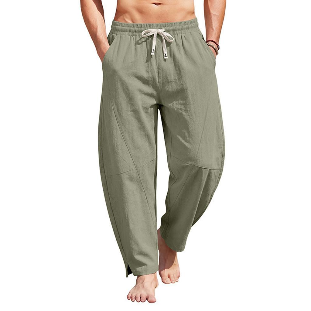 Men Casual Loose Fit Drawstring Waistband Lightweight Breathable Cotton Linen Blend Jogger Pants with Side Pockets and Ankle Slits