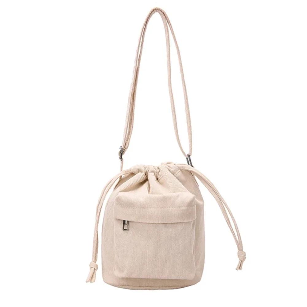 Corduroy Drawstring Crossbody Bag Casual Bucket Purse with Adjustable Strap for Daily Use Travel Shopping School
