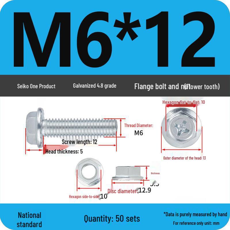 4.8 Grade Galvanized Hex Bolt Set with Anti-slip Washer & Nut, Cross Flange Head, M4/M5/M6/M8mm