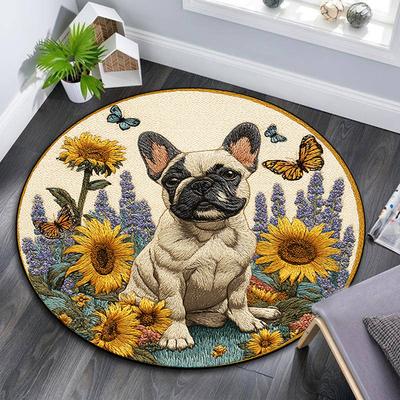 Tapete Redondo de Bulldog Francês, Tapete para Sala de Estar, Quarto, Sofá, Sala de Brincar, Decoração, Tapete de Chão Antiderrapante