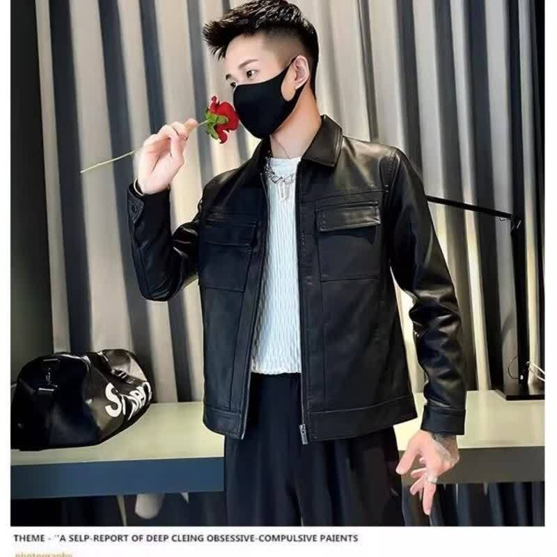 

2025 new ruffian handsome men s leather jacket trendy brand lapel pie overcome men s trend locomotive leather jacket 3XL чёрный