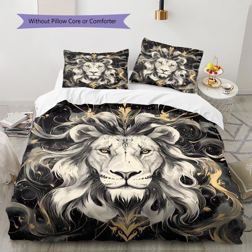 Black and White Lion Pattern Bedding Quilt Set  Home Decoration  Gift (1 * duvet cover + 2 * pillowcase  without core)